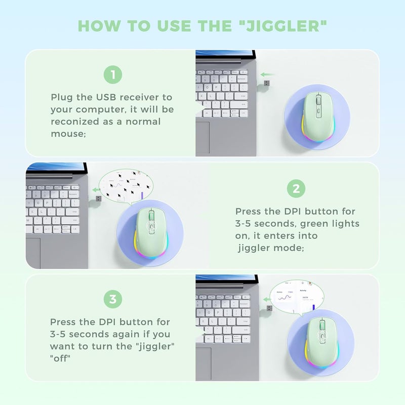 EPEIUS Wireless Mouse Jiggler - LED Wireless Mice with Build-in Mouse Mover, Rechargeable Moving Mouse for Laptop with Undetectable Random Movement Keeps Computers Awake-Light Green - Image 3
